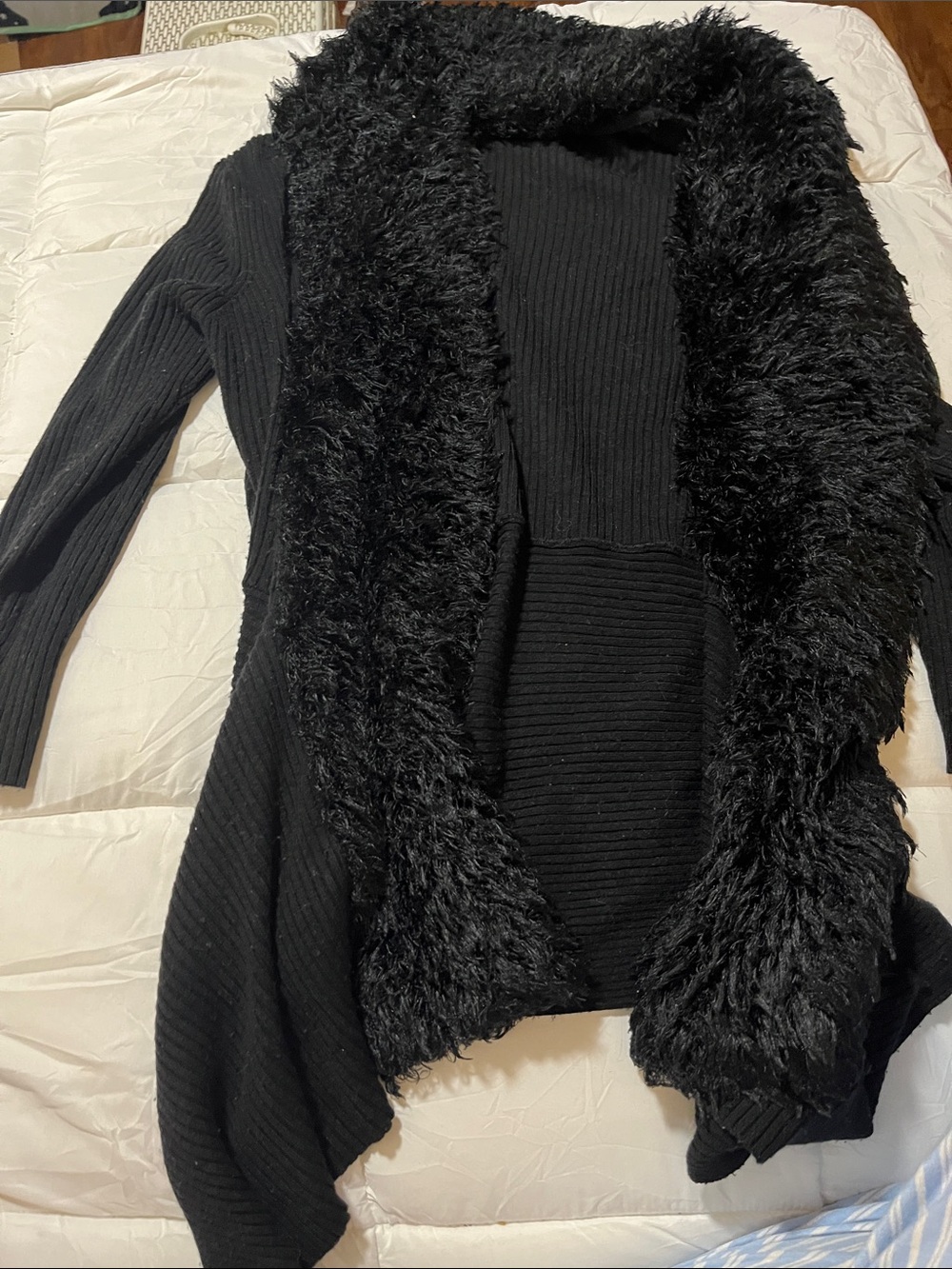 Lauren Michelle Black Faux-Fur Trim Open-Front Cardigan